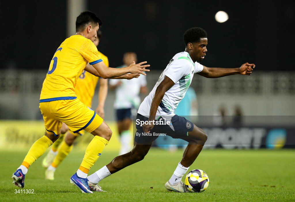 31 March 2026; Romeo Akachukwu of Republic of Ireland in action against Salamat Zhumabekov of Kazakhstan during the UEFA European U21 Championship qualifier match between Kazakhstan and Republic of Ireland at Turkistan Arena in Turkeistan, Kazakhstan. Photo by Nikita Bassov/Sportsfile
