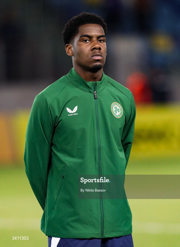 31 March 2026; Romeo Akachukwu of Republic of Ireland before the UEFA European U21 Championship qualifier match between Kazakhstan and Republic of Ireland at Turkistan Arena in Turkeistan, Kazakhstan. Photo by Nikita Bassov/Sportsfile