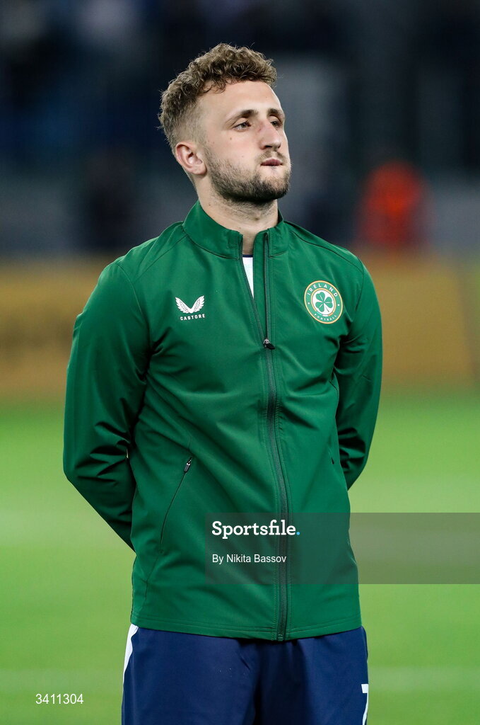 31 March 2026; Sam Curtis of Republic of Ireland before the UEFA European U21 Championship qualifier match between Kazakhstan and Republic of Ireland at Turkistan Arena in Turkeistan, Kazakhstan. Photo by Nikita Bassov/Sportsfile
