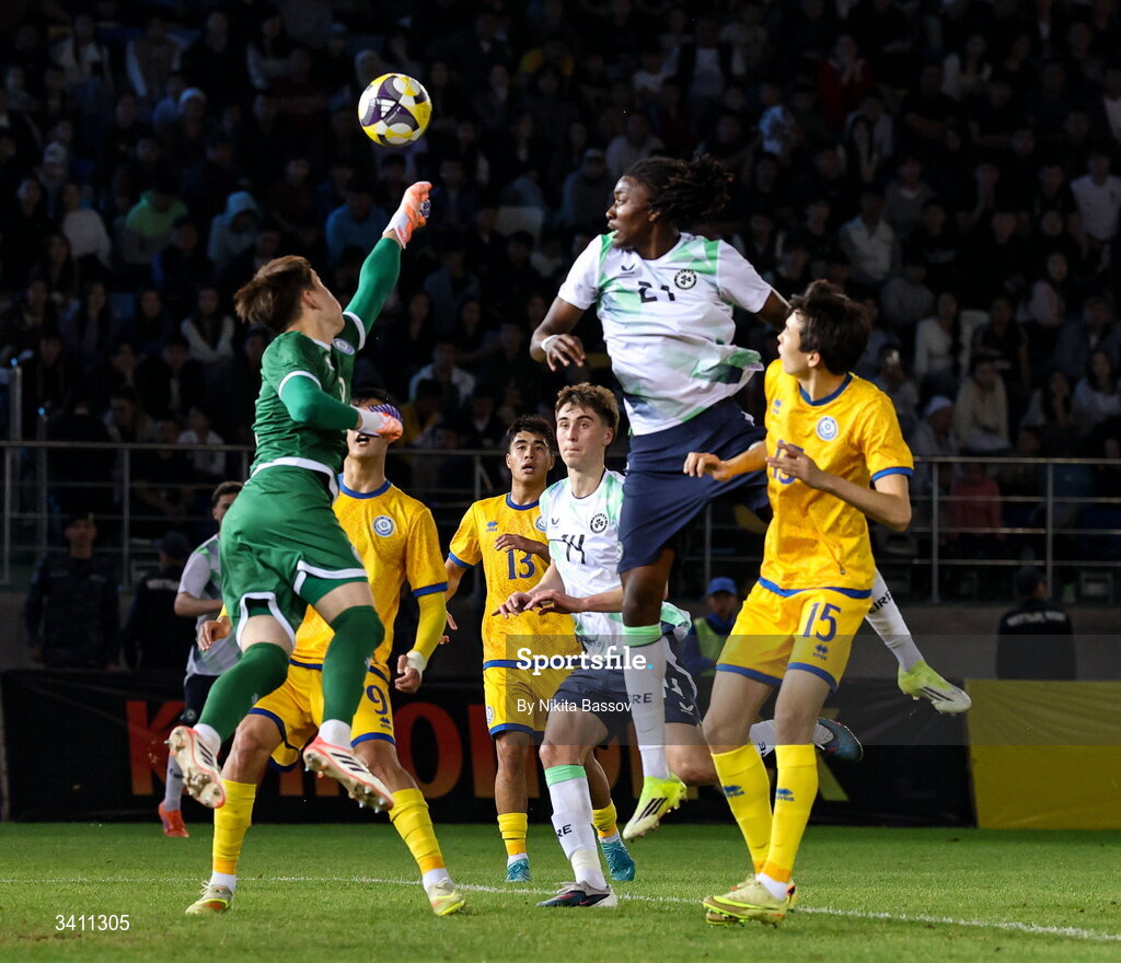 31 March 2026; Jaden Umeh of Republic of Ireland in action against Miras Rikhard of Kazakhstan during the UEFA European U21 Championship qualifier match between Kazakhstan and Republic of Ireland at Turkistan Arena in Turkeistan, Kazakhstan. Photo by Nikita Bassov/Sportsfile