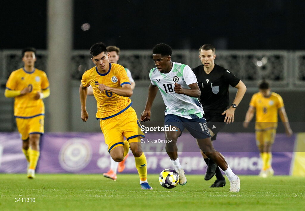 31 March 2026; Romeo Akachukwu of Republic of Ireland in action against Salamat Zhumabekov of Kazakhstan during the UEFA European U21 Championship qualifier match between Kazakhstan and Republic of Ireland at Turkistan Arena in Turkeistan, Kazakhstan. Photo by Nikita Bassov/Sportsfile