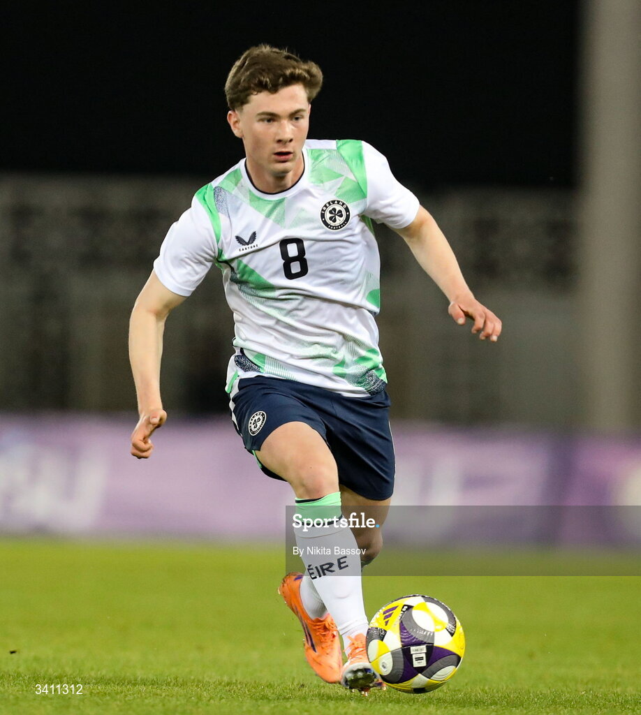 31 March 2026; Jamie Mullins of Republic of Ireland during the UEFA European U21 Championship qualifier match between Kazakhstan and Republic of Ireland at Turkistan Arena in Turkeistan, Kazakhstan. Photo by Nikita Bassov/Sportsfile