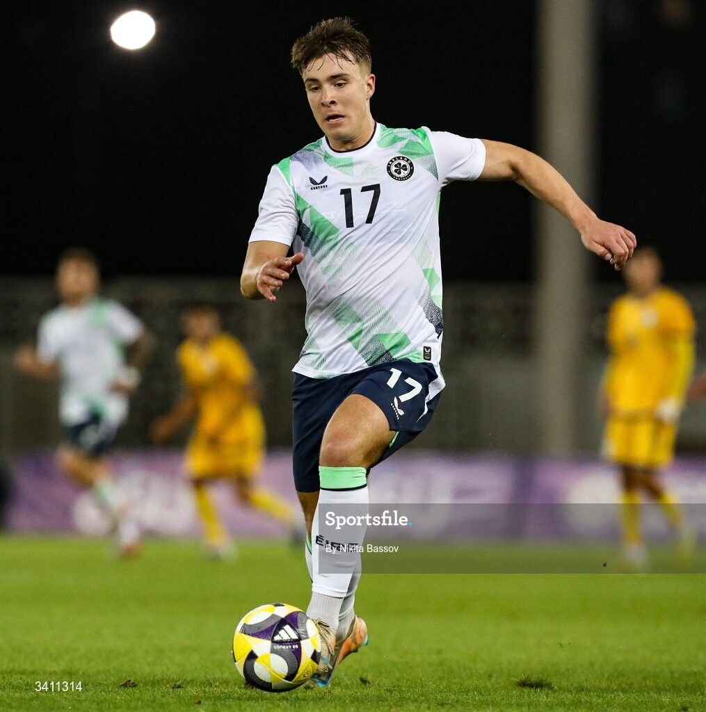 31 March 2026; Tommy Lonegran of Republic of Ireland during the UEFA European U21 Championship qualifier match between Kazakhstan and Republic of Ireland at Turkistan Arena in Turkeistan, Kazakhstan. Photo by Nikita Bassov/Sportsfile