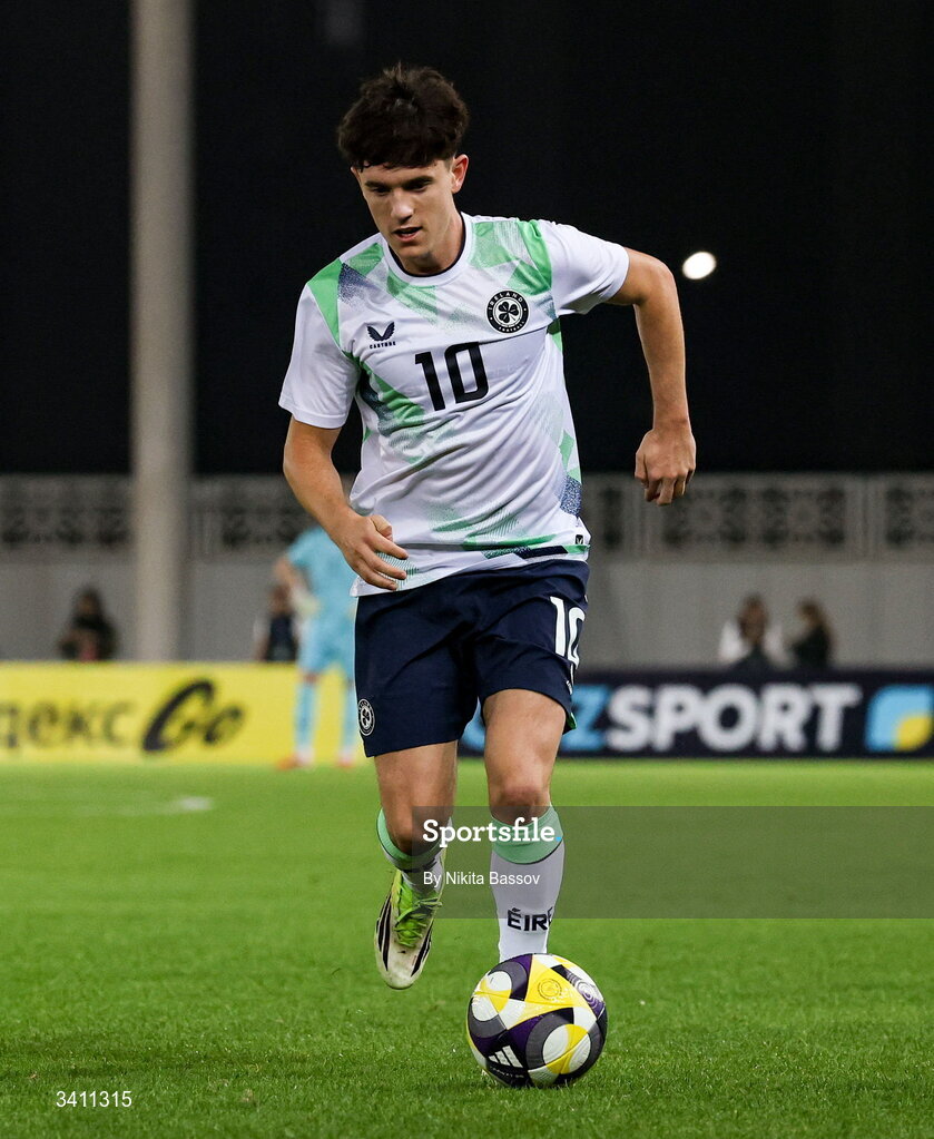 31 March 2026; Aaron Ochoa Moloney of Republic of Ireland during the UEFA European U21 Championship qualifier match between Kazakhstan and Republic of Ireland at Turkistan Arena in Turkeistan, Kazakhstan. Photo by Nikita Bassov/Sportsfile