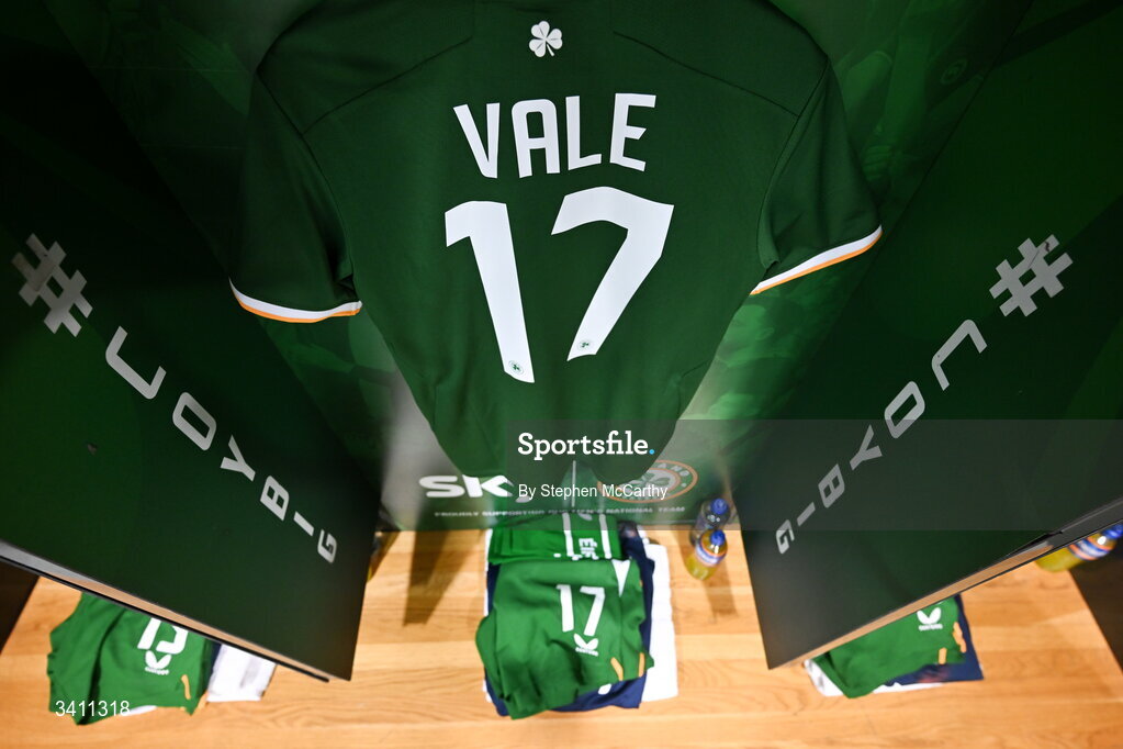 31 March 2026; The jersey of Harvey Vale in the Republic of Ireland dressingroom before the international friendly match between Republic of Ireland and North Macedonia at Aviva Stadium in Dublin. Photo by Stephen McCarthy/Sportsfile