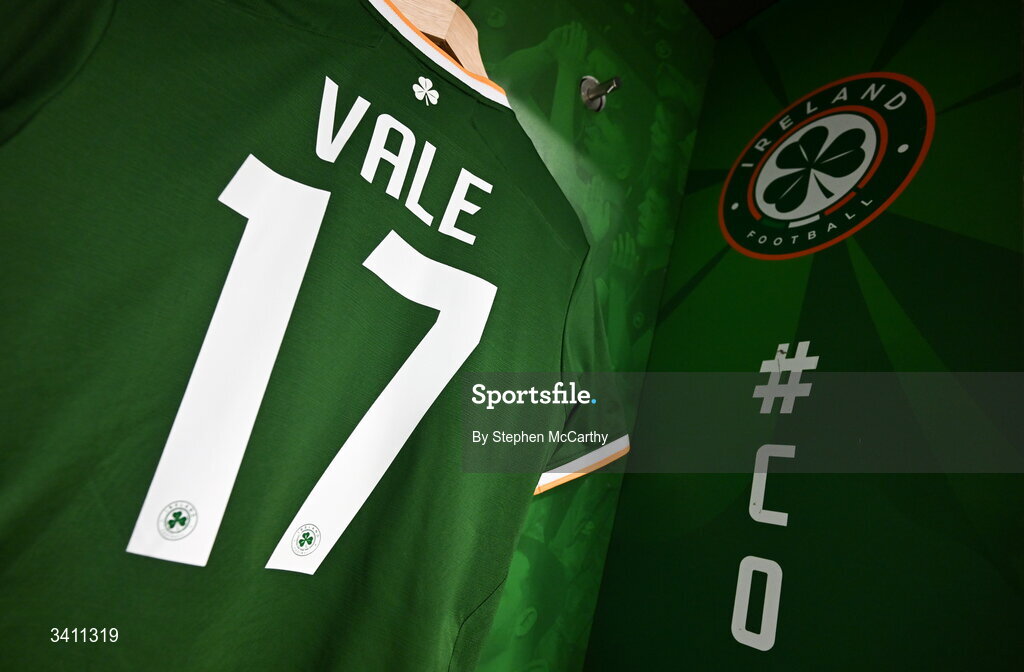31 March 2026; The jersey of Harvey Vale in the Republic of Ireland dressingroom before the international friendly match between Republic of Ireland and North Macedonia at Aviva Stadium in Dublin. Photo by Stephen McCarthy/Sportsfile