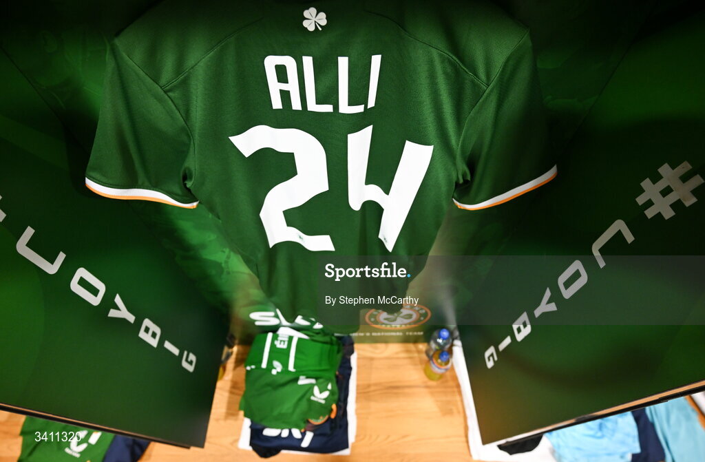 31 March 2026; The jersey of Millenic Alli in the Republic of Ireland dressingroom before the international friendly match between Republic of Ireland and North Macedonia at Aviva Stadium in Dublin. Photo by Stephen McCarthy/Sportsfile