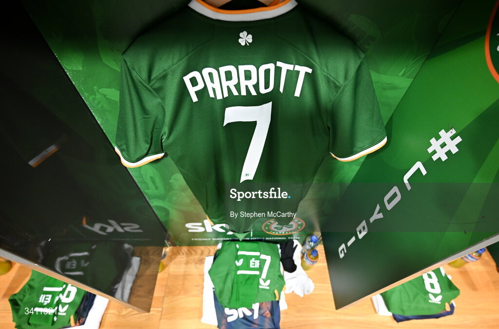 31 March 2026; The jersey of Troy Parrott in the Republic of Ireland dressingroom before the international friendly match between Republic of Ireland and North Macedonia at Aviva Stadium in Dublin. Photo by Stephen McCarthy/Sportsfile