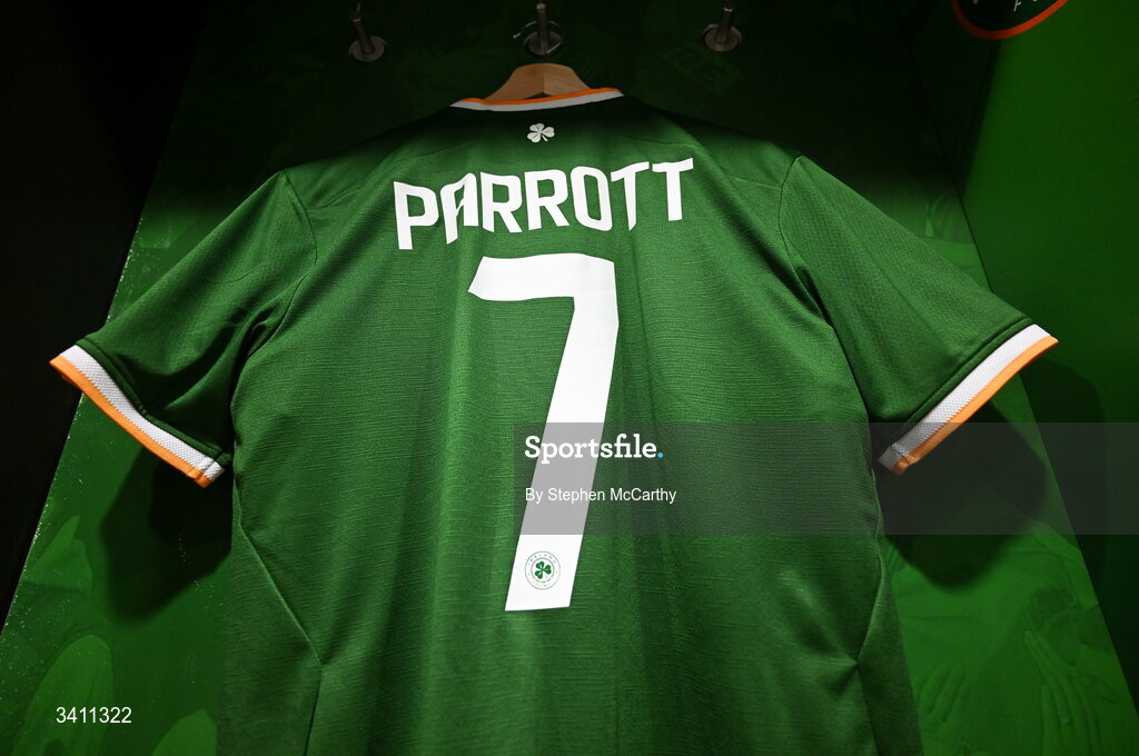 31 March 2026; The jersey of Troy Parrott in the Republic of Ireland dressingroom before the international friendly match between Republic of Ireland and North Macedonia at Aviva Stadium in Dublin. Photo by Stephen McCarthy/Sportsfile