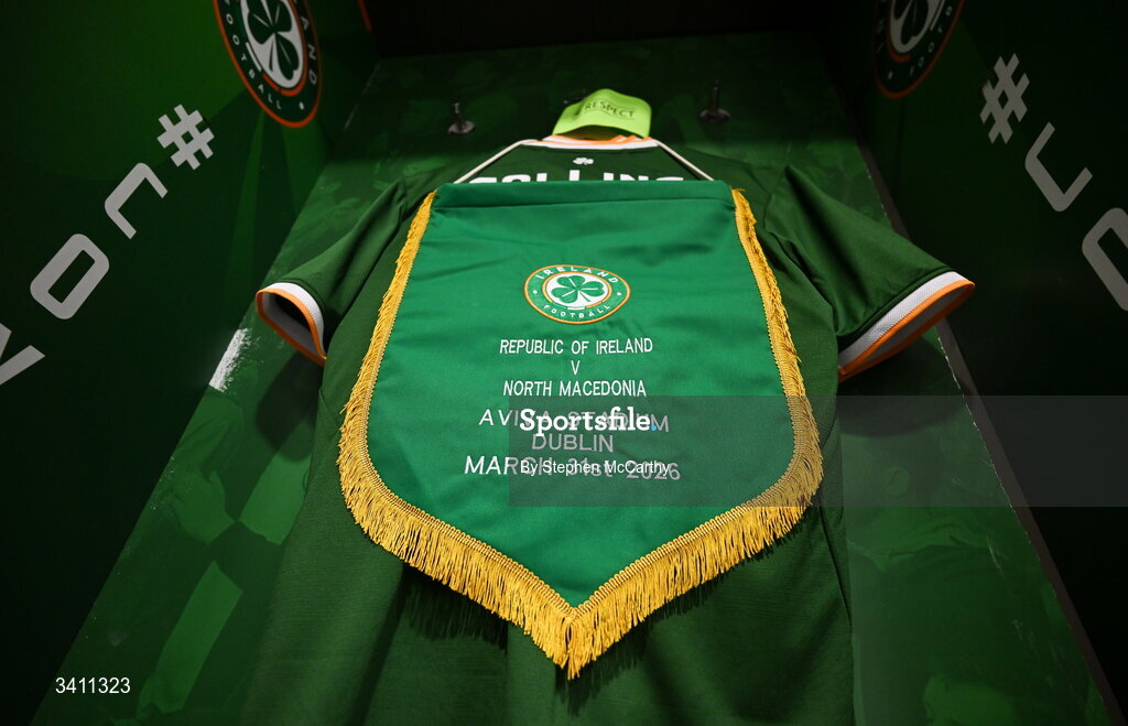 31 March 2026; The match pennant in the Republic of Ireland dressingroom before the international friendly match between Republic of Ireland and North Macedonia at Aviva Stadium in Dublin. Photo by Stephen McCarthy/Sportsfile