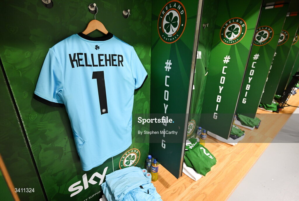 31 March 2026; The jersey of Caoimhin Kelleher in the Republic of Ireland dressingroom before the international friendly match between Republic of Ireland and North Macedonia at Aviva Stadium in Dublin. Photo by Stephen McCarthy/Sportsfile