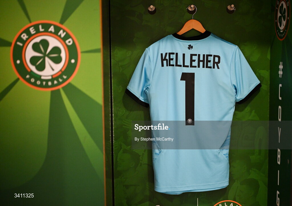 31 March 2026; The jersey of Caoimhin Kelleher in the Republic of Ireland dressingroom before the international friendly match between Republic of Ireland and North Macedonia at Aviva Stadium in Dublin. Photo by Stephen McCarthy/Sportsfile