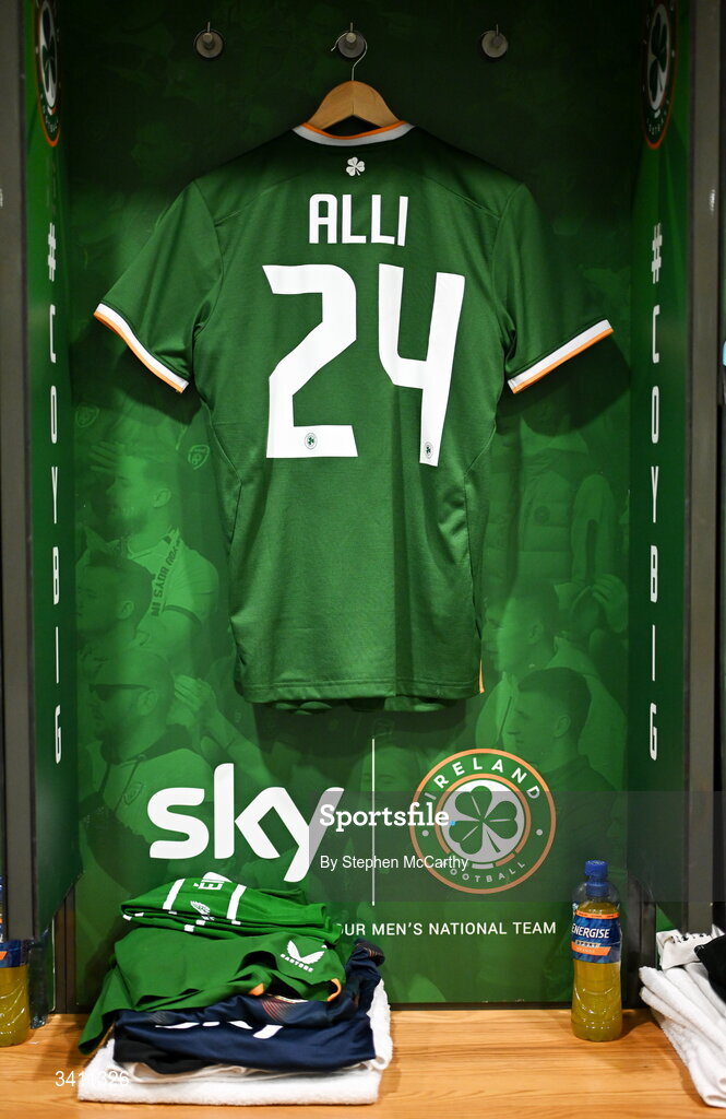 31 March 2026; The kit of Millenic Alli in the Republic of Ireland dressingroom before the international friendly match between Republic of Ireland and North Macedonia at Aviva Stadium in Dublin. Photo by Stephen McCarthy/Sportsfile