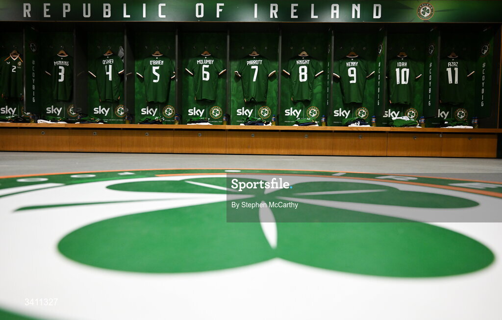 31 March 2026; Players kits in the Republic of Ireland dressingroom before the international friendly match between Republic of Ireland and North Macedonia at Aviva Stadium in Dublin. Photo by Stephen McCarthy/Sportsfile