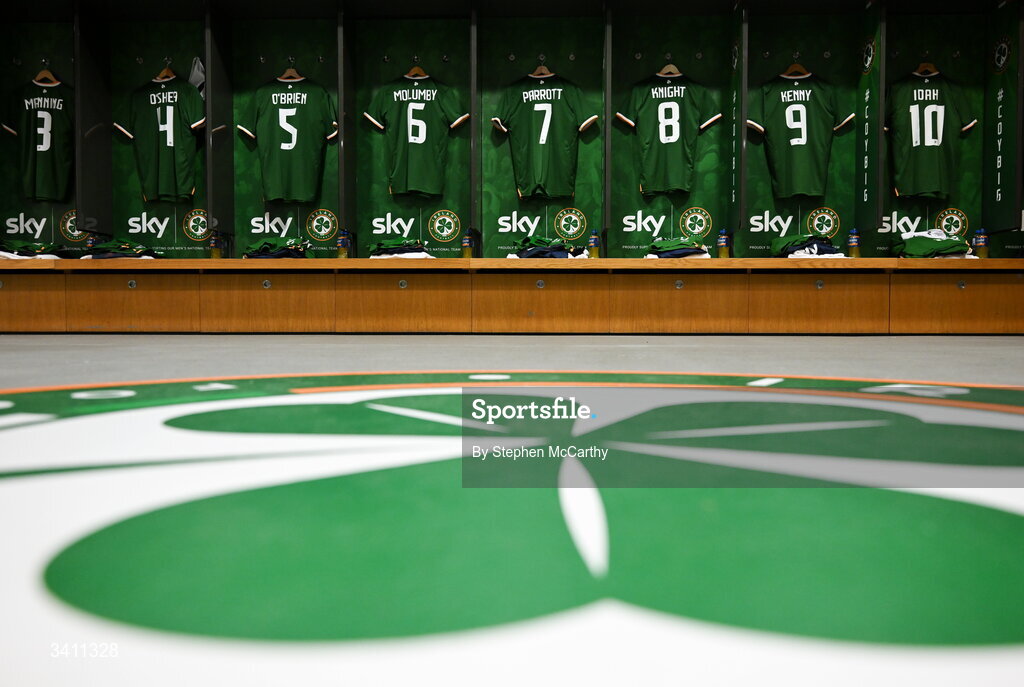 31 March 2026; Players kits in the Republic of Ireland dressingroom before the international friendly match between Republic of Ireland and North Macedonia at Aviva Stadium in Dublin. Photo by Stephen McCarthy/Sportsfile