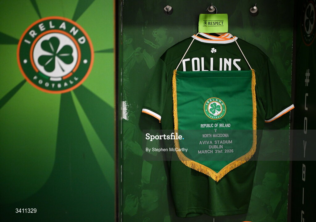 31 March 2026; The match pennant and jersey of captain Nathan Collins in the Republic of Ireland dressingroom before the international friendly match between Republic of Ireland and North Macedonia at Aviva Stadium in Dublin. Photo by Stephen McCarthy/Sportsfile