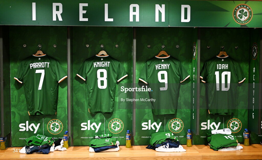 31 March 2026; The kits of, from left, Troy Parrott, Jason Knight, Johnny Kenny and Adam Idah in the Republic of Ireland dressingroom before the international friendly match between Republic of Ireland and North Macedonia at Aviva Stadium in Dublin. Photo by Stephen McCarthy/Sportsfile