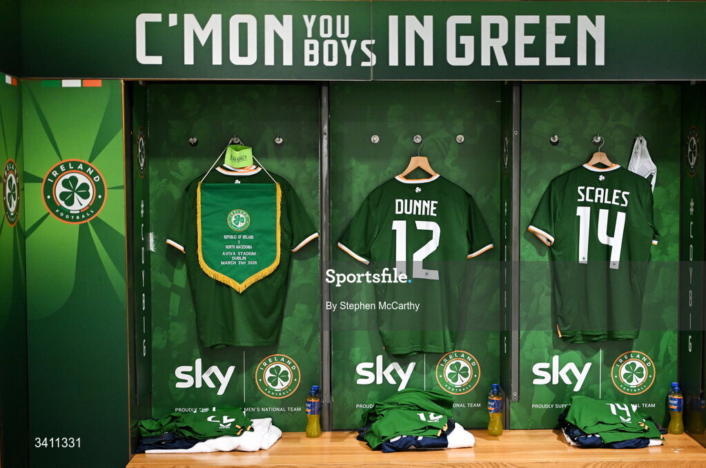 31 March 2026; The kits of, from left, captain Nathan Collins, Jimmy Dunne and Liam Scales in the Republic of Ireland dressingroom before the international friendly match between Republic of Ireland and North Macedonia at Aviva Stadium in Dublin. Photo by Stephen McCarthy/Sportsfile