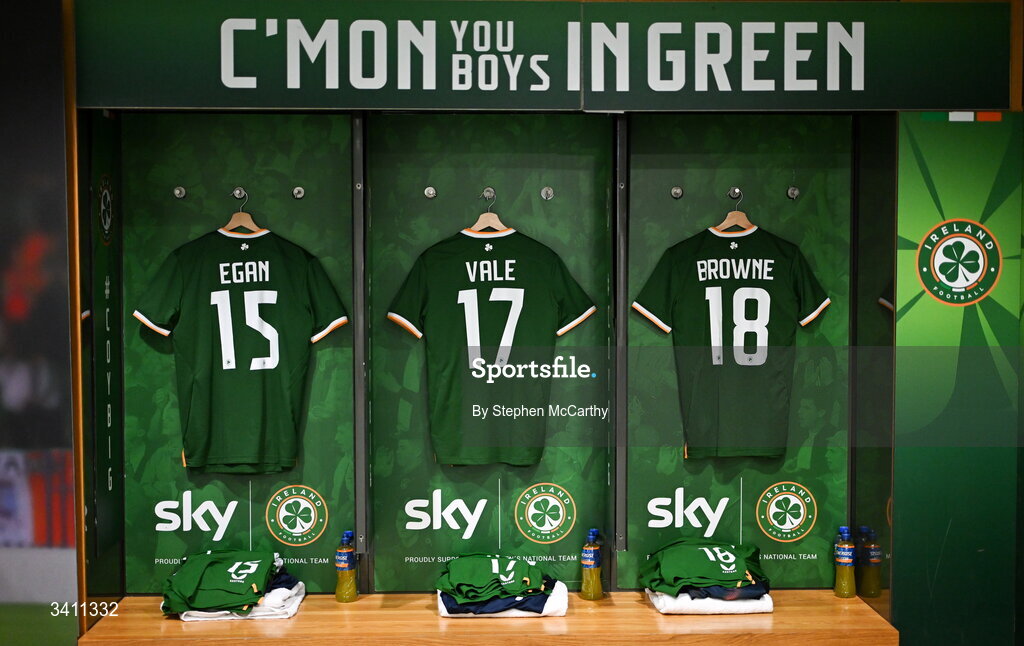31 March 2026; The kits of, from left, John Egan, Harvey Vale and Alan Browne in the Republic of Ireland dressingroom before the international friendly match between Republic of Ireland and North Macedonia at Aviva Stadium in Dublin. Photo by Stephen McCarthy/Sportsfile