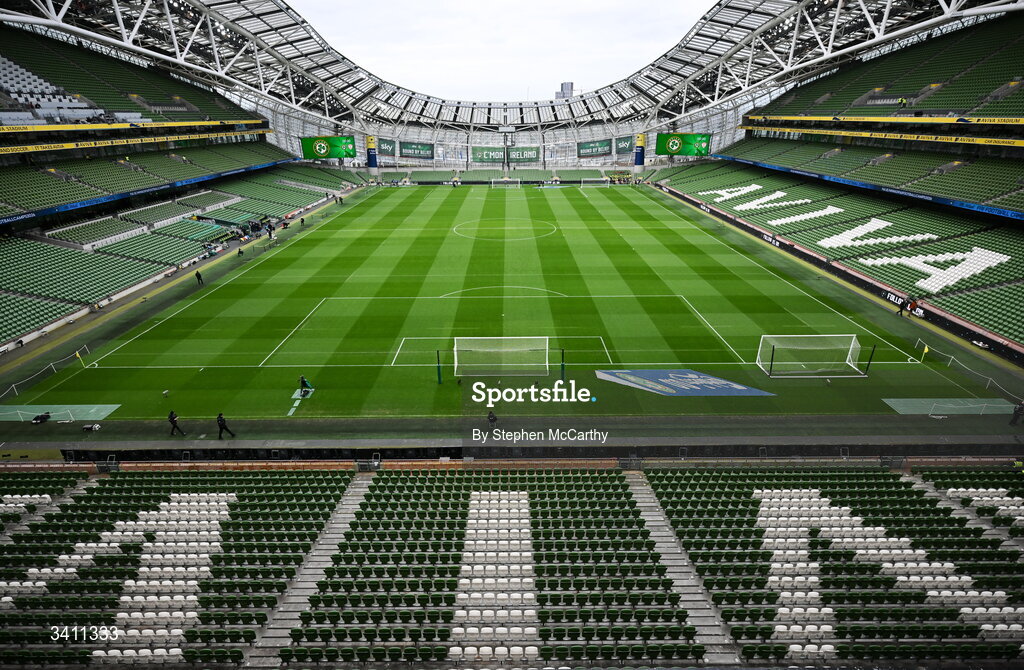 31 March 2026; A general view inside the stadium before the international friendly match between Republic of Ireland and North Macedonia at Aviva Stadium in Dublin. Photo by Stephen McCarthy/Sportsfile