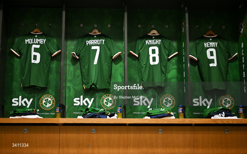 31 March 2026; The kits of, from left, Jayson Molumby, Troy Parrott, Jason Knight and Johnny Kenny in the Republic of Ireland dressingroom before the international friendly match between Republic of Ireland and North Macedonia at Aviva Stadium in Dublin. Photo by Stephen McCarthy/Sportsfile