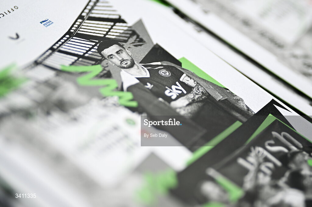 31 March 2026; A view of the match programme, featuring an image of Troy Parrott, before the international friendly match between Republic of Ireland and North Macedonia at the Aviva Stadium in Dublin. Photo by Seb Daly/Sportsfile