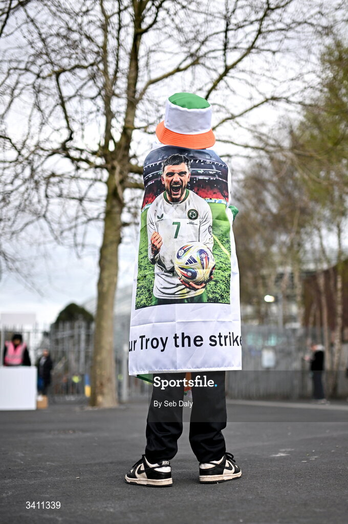 31 March 2026; Republic of Ireland supporter Shay Fitzgibbon, age 9, from Castlegregory, Kerry, before the international friendly match between Republic of Ireland and North Macedonia at the Aviva Stadium in Dublin. Photo by Seb Daly/Sportsfile