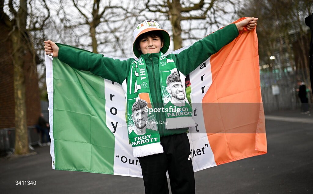 31 March 2026; Republic of Ireland supporter Shay Fitzgibbon, age 9, from Castlegregory, Kerry, before the international friendly match between Republic of Ireland and North Macedonia at the Aviva Stadium in Dublin. Photo by Seb Daly/Sportsfile