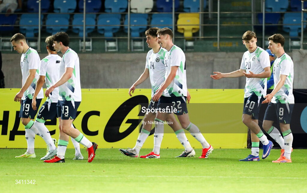 31 March 2026; Oisin Gallagher of Republic of Ireland, 22, celebrates with teammates after scoring his side's first goal during the UEFA European U21 Championship qualifier match between Kazakhstan and Republic of Ireland at Turkistan Arena in Turkeistan, Kazakhstan. Photo by Nikita Bassov/Sportsfile