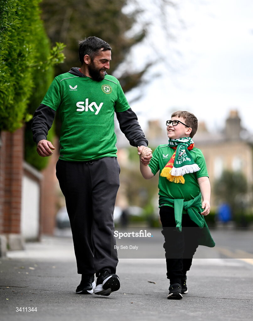 31 March 2026; Republic of Ireland supporters Stephen Archbald and AJ Archibald, age 9, from Mullingar, Westmeath, before the international friendly match between Republic of Ireland and North Macedonia at the Aviva Stadium in Dublin. Photo by Seb Daly/Sportsfile