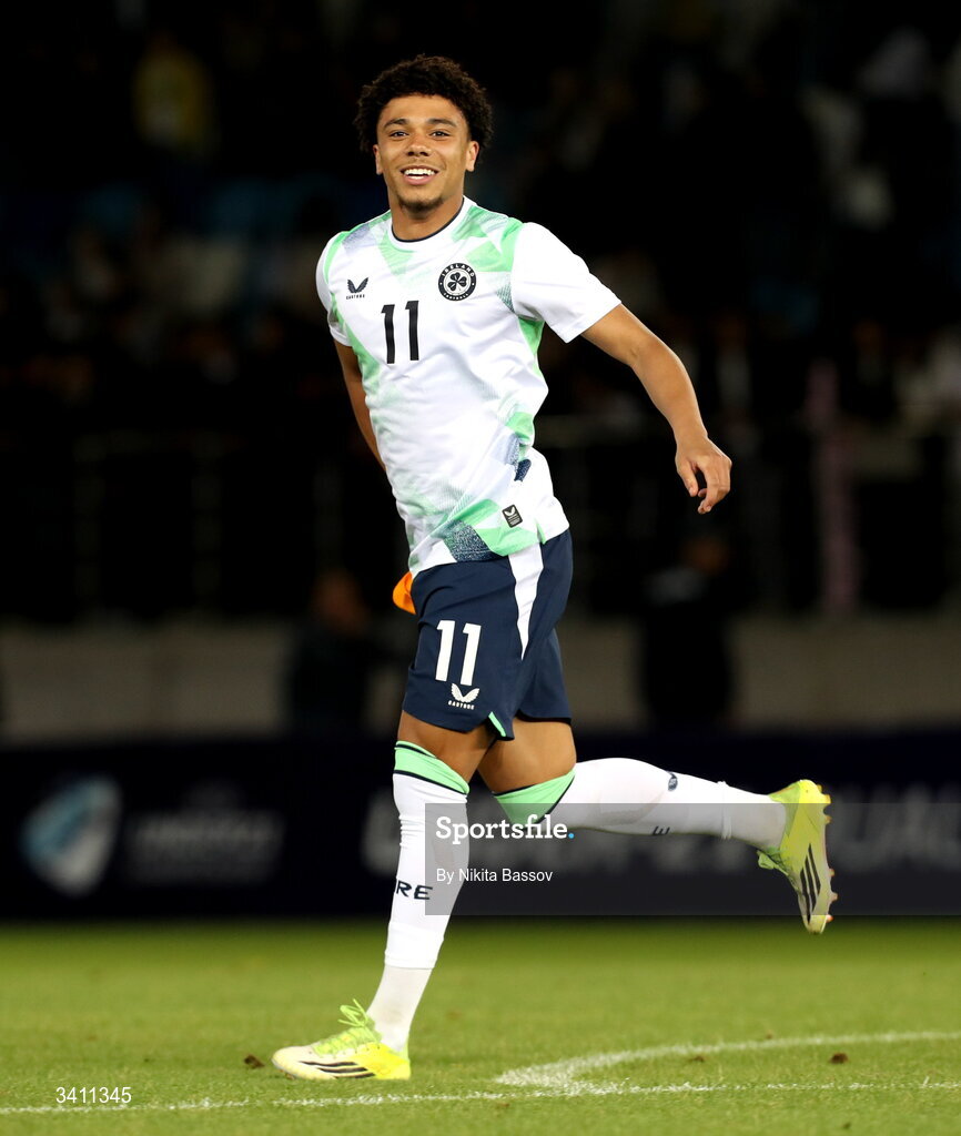 31 March 2026; Leon Ayinde of Republic of Ireland celebrates after the UEFA European U21 Championship qualifier match between Kazakhstan and Republic of Ireland at Turkistan Arena in Turkeistan, Kazakhstan. Photo by Nikita Bassov/Sportsfile