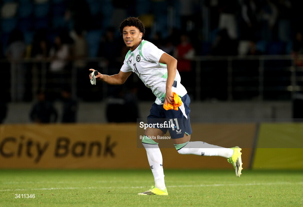 31 March 2026; Leon Ayinde of Republic of Ireland celebrates after the UEFA European U21 Championship qualifier match between Kazakhstan and Republic of Ireland at Turkistan Arena in Turkeistan, Kazakhstan. Photo by Nikita Bassov/Sportsfile
