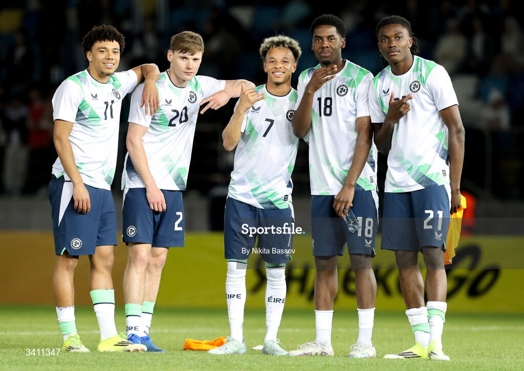 31 March 2026; Republic of Ireland players, from left, Leon Ayinde, Jack Moorhouse, Trent Kone Doherty, Romeo Akachukwu and Jaden Umeh celebrate after the UEFA European U21 Championship qualifier match between Kazakhstan and Republic of Ireland at Turkistan Arena in Turkeistan, Kazakhstan. Photo by Nikita Bassov/Sportsfile