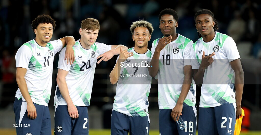 31 March 2026; Republic of Ireland players, from left, Leon Ayinde, Jack Moorhouse, Trent Kone Doherty, Romeo Akachukwu and Jaden Umeh celebrate after the UEFA European U21 Championship qualifier match between Kazakhstan and Republic of Ireland at Turkistan Arena in Turkeistan, Kazakhstan. Photo by Nikita Bassov/Sportsfile