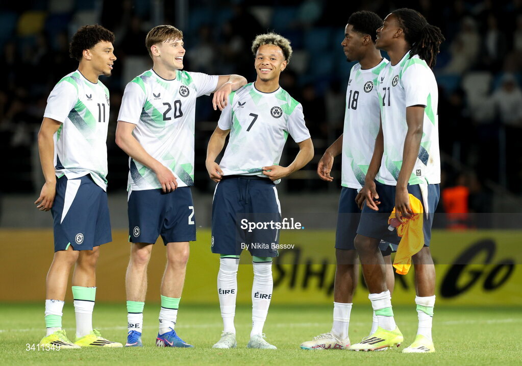 31 March 2026; Republic of Ireland players, from left, Leon Ayinde, Jack Moorhouse, Trent Kone Doherty, Romeo Akachukwu and Jaden Umeh celebrate after the UEFA European U21 Championship qualifier match between Kazakhstan and Republic of Ireland at Turkistan Arena in Turkeistan, Kazakhstan. Photo by Nikita Bassov/Sportsfile