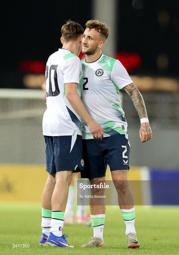 31 March 2026; Sam Curtis, right, and Jack Moorhouse of Republic of Ireland celebrate after the UEFA European U21 Championship qualifier match between Kazakhstan and Republic of Ireland at Turkistan Arena in Turkeistan, Kazakhstan. Photo by Nikita Bassov/Sportsfile