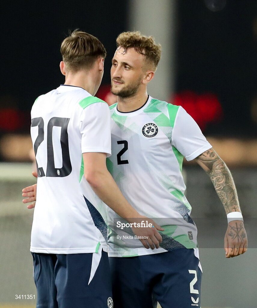 31 March 2026; Sam Curtis, right, and Jack Moorhouse of Republic of Ireland celebrate after the UEFA European U21 Championship qualifier match between Kazakhstan and Republic of Ireland at Turkistan Arena in Turkeistan, Kazakhstan. Photo by Nikita Bassov/Sportsfile