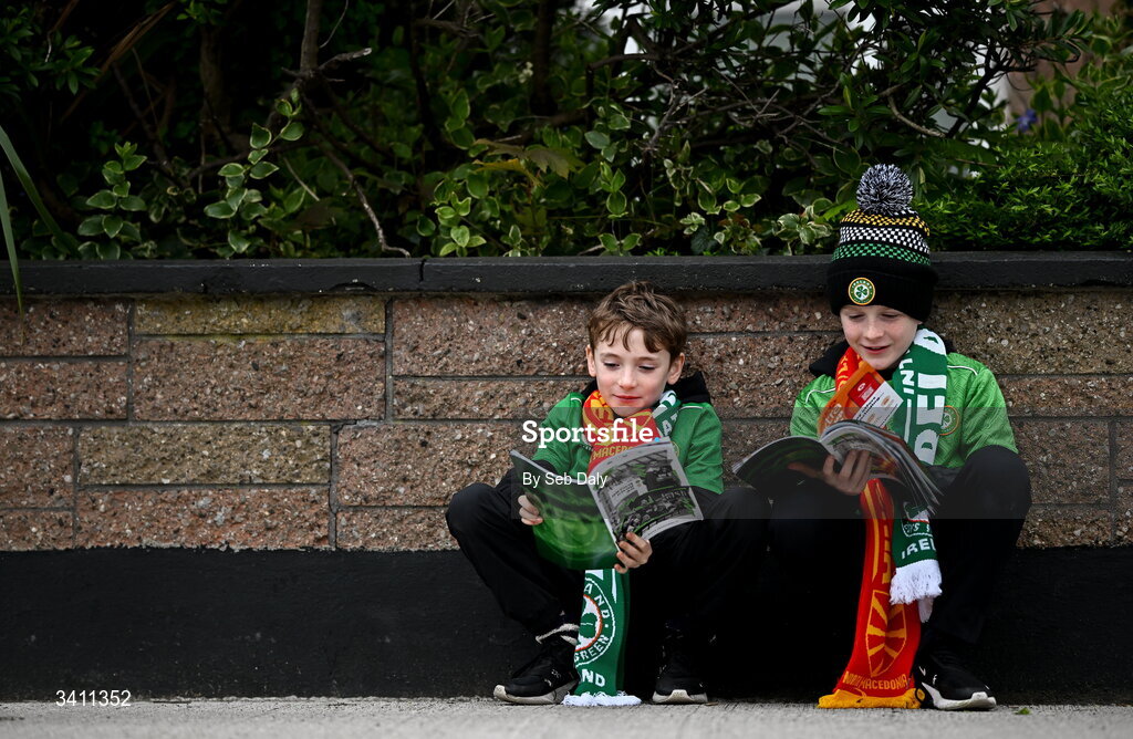 31 March 2026; Republic of Ireland supporters Shay Gollogly, left, and Jamie Conlon, from Carrickmacross, Monaghan, before the international friendly match between Republic of Ireland and North Macedonia at the Aviva Stadium in Dublin. Photo by Seb Daly/Sportsfile