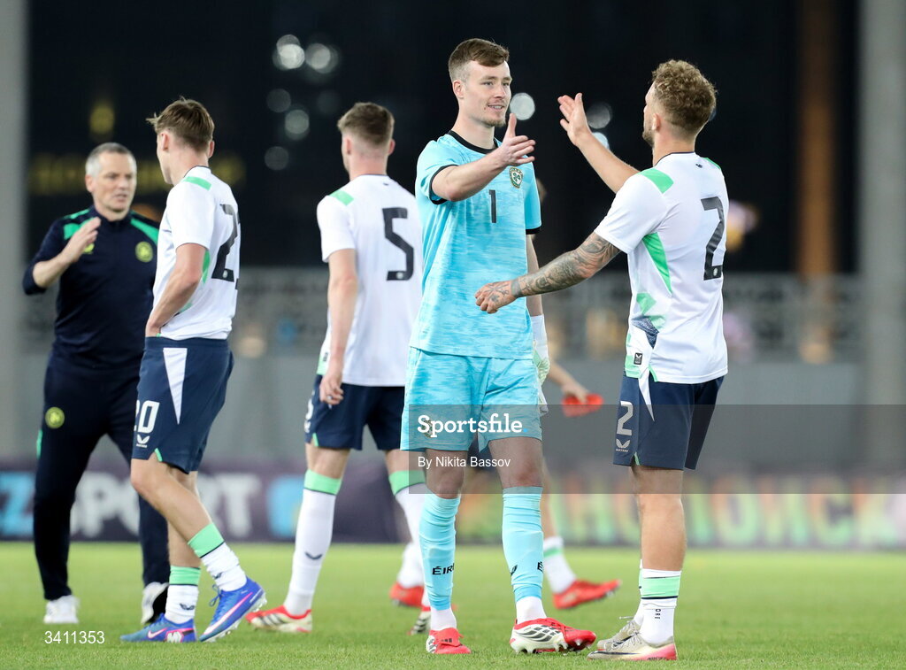 31 March 2026; Sam Curtis, right, and Noah Jauny of Republic of Ireland celebrate after the UEFA European U21 Championship qualifier match between Kazakhstan and Republic of Ireland at Turkistan Arena in Turkeistan, Kazakhstan. Photo by Nikita Bassov/Sportsfile