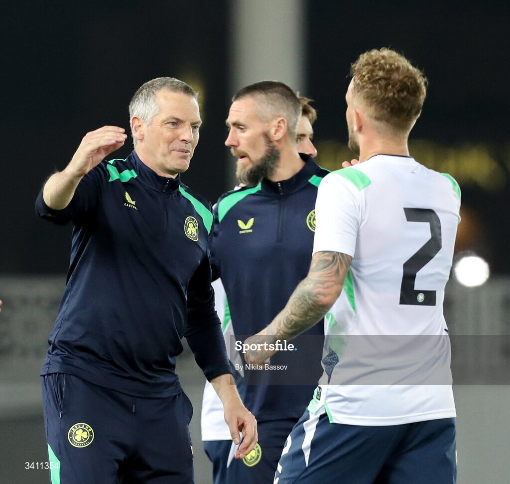 31 March 2026; Republic of Ireland manager Jim Crawford and player Sam Curtis celebrate after the UEFA European U21 Championship qualifier match between Kazakhstan and Republic of Ireland at Turkistan Arena in Turkeistan, Kazakhstan. Photo by Nikita Bassov/Sportsfile