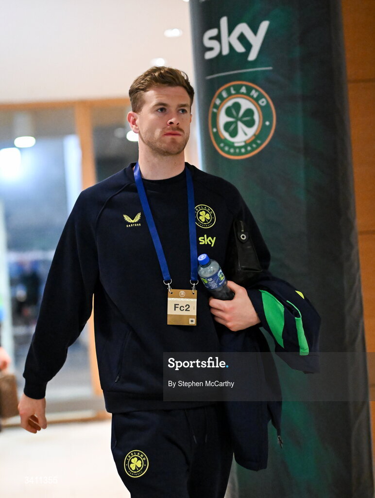 31 March 2026; Republic of Ireland captain Nathan Collins arrives before the international friendly match between Republic of Ireland and North Macedonia at Aviva Stadium in Dublin. Photo by Stephen McCarthy/Sportsfile