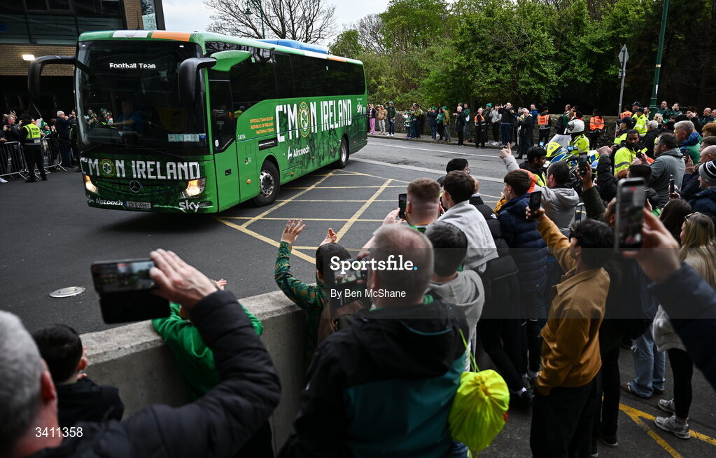 31 March 2026; The Republic of Ireland team bus arrives before the international friendly match between Republic of Ireland and North Macedonia at Aviva Stadium in Dublin. Photo by Ben McShane/Sportsfile