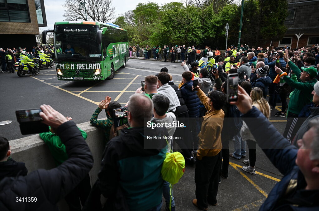 31 March 2026; The Republic of Ireland team bus arrives before the international friendly match between Republic of Ireland and North Macedonia at Aviva Stadium in Dublin. Photo by Ben McShane/Sportsfile