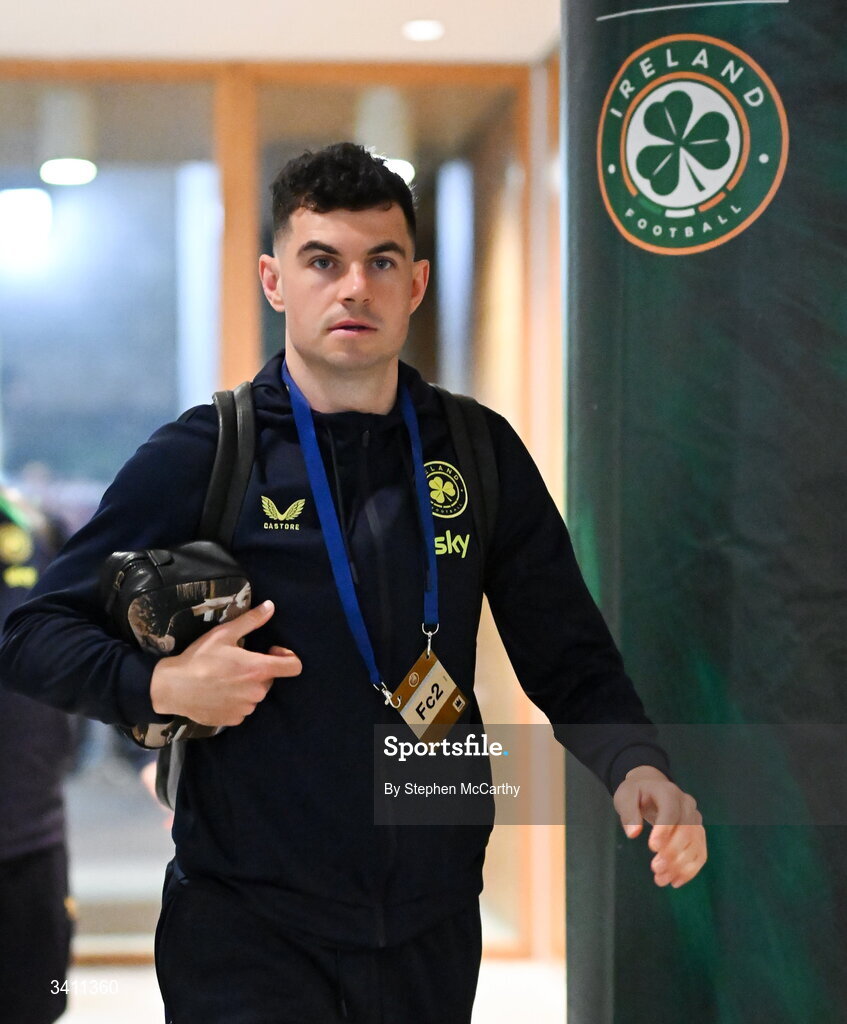31 March 2026; John Egan of Republic of Ireland arrives before the international friendly match between Republic of Ireland and North Macedonia at Aviva Stadium in Dublin. Photo by Stephen McCarthy/Sportsfile