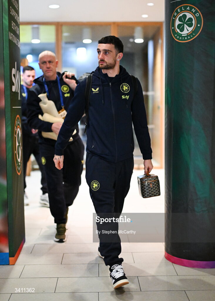 31 March 2026; Troy Parrott of Republic of Ireland arrives before the international friendly match between Republic of Ireland and North Macedonia at Aviva Stadium in Dublin. Photo by Stephen McCarthy/Sportsfile