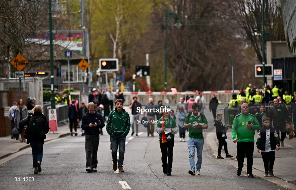31 March 2026; Republic of Ireland supporters before the international friendly match between Republic of Ireland and North Macedonia at Aviva Stadium in Dublin. Photo by Ben McShane/Sportsfile