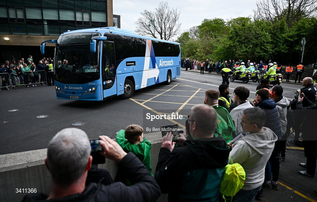 31 March 2026; The North Macedonia team bus arrives before the international friendly match between Republic of Ireland and North Macedonia at Aviva Stadium in Dublin. Photo by Ben McShane/Sportsfile