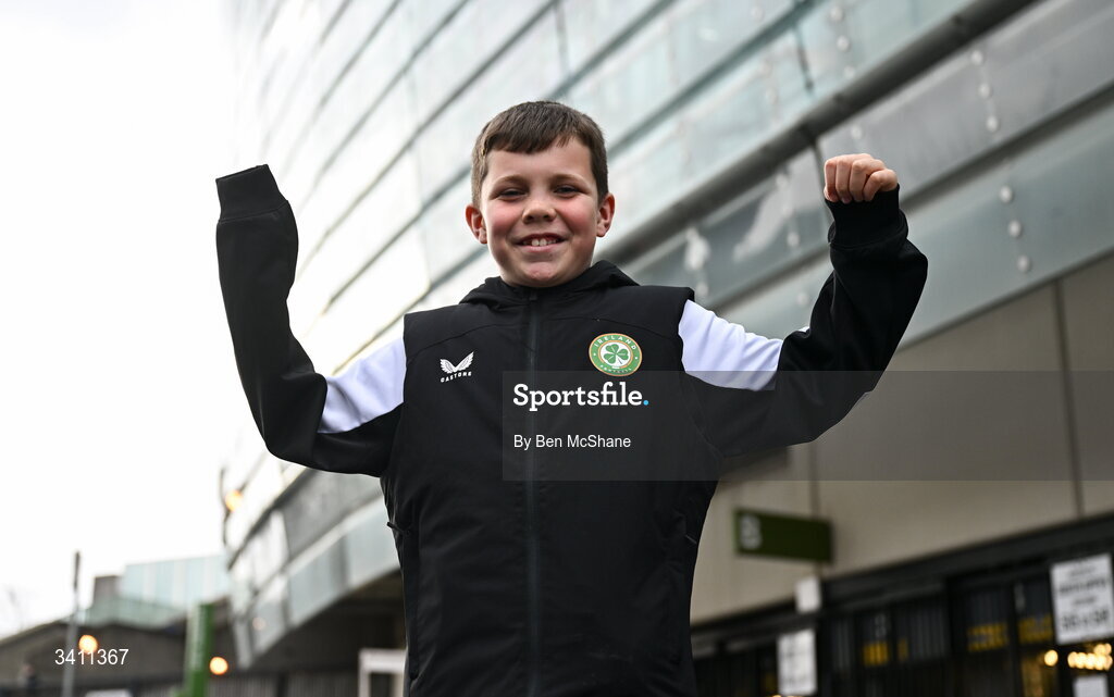 31 March 2026; Republic of Ireland supporter Alex Hubbard, age 9, from Cork, before the international friendly match between Republic of Ireland and North Macedonia at Aviva Stadium in Dublin. Photo by Ben McShane/Sportsfile