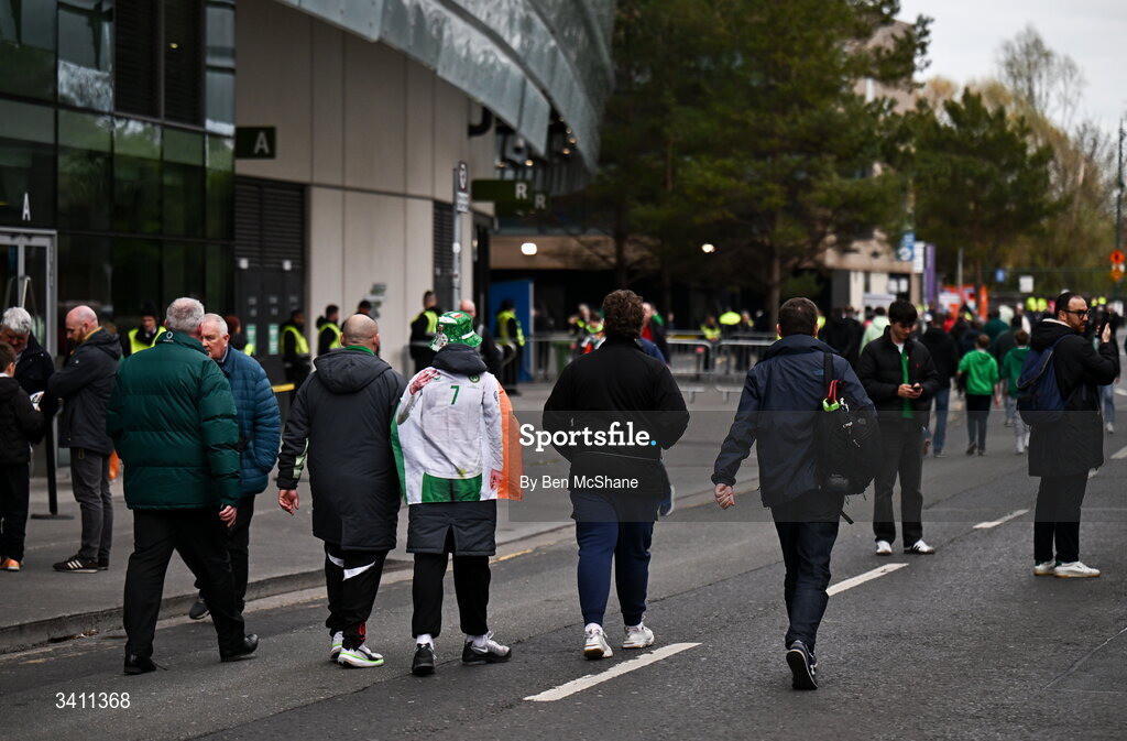 31 March 2026; Republic of Ireland supporters before the international friendly match between Republic of Ireland and North Macedonia at Aviva Stadium in Dublin. Photo by Ben McShane/Sportsfile