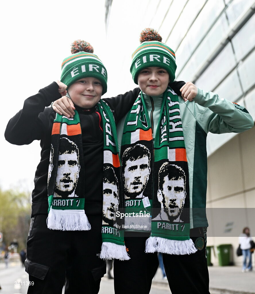 31 March 2026; Republic of Ireland supporters Charlie Mulligan, age 10, and Charlie Nesbitt, age 11, from Belfast, before the international friendly match between Republic of Ireland and North Macedonia at Aviva Stadium in Dublin. Photo by Ben McShane/Sportsfile